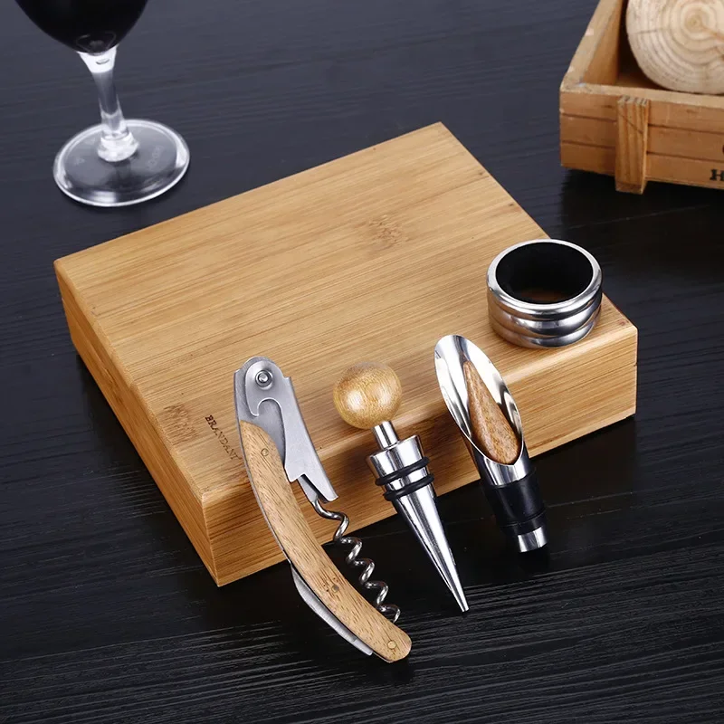 

4pcs Premium Wine Tools Automatic Bottle Opener Corkscrew Bamboo Business Gift Sets For Wine Accessories