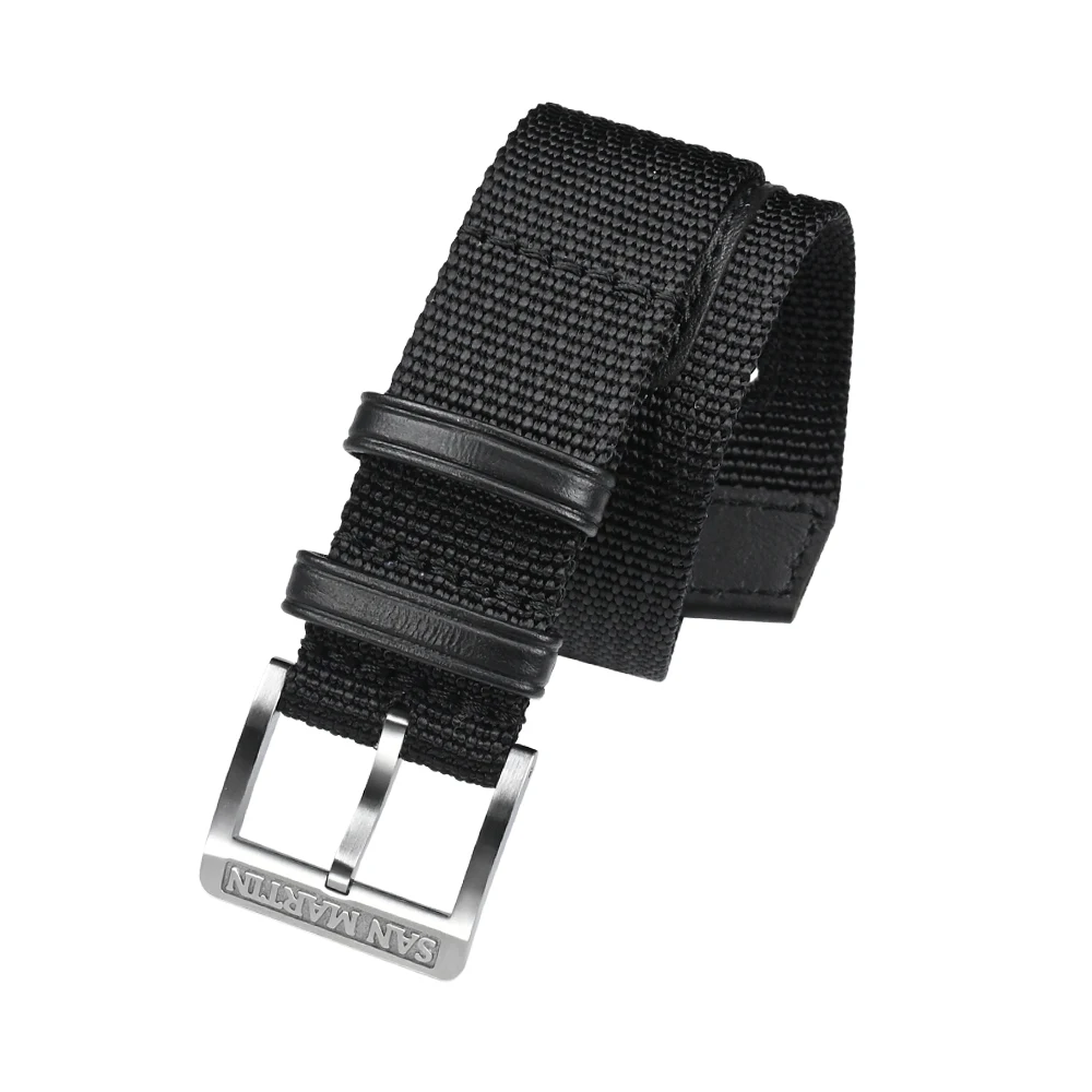 San Martin Watch Band One Piece 20mm Nylon Strap Solid 316L Stainless Steel Logo Pin Buckle Leather Loop Retro Military SN0105 image 3
