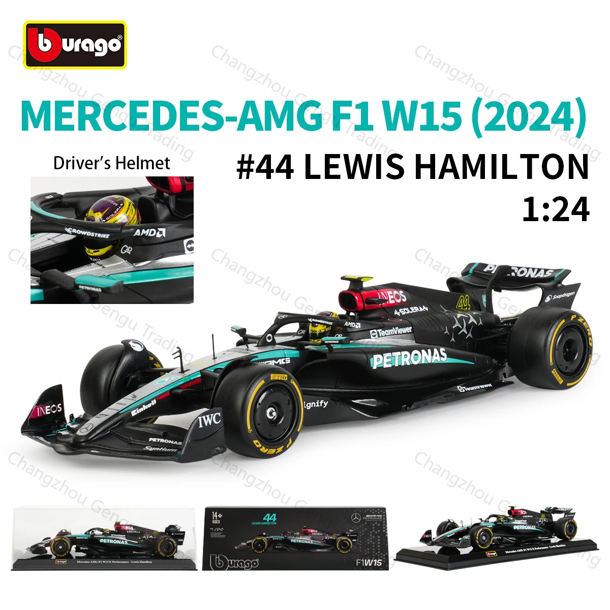 ブラーゴ-1-24-メルセデス-2024-amg-w15-e-パフォーマンス-44-63-ルイス・ハミルトン-f1-フォーミュラカー-静態ダイキャスト合金モデル