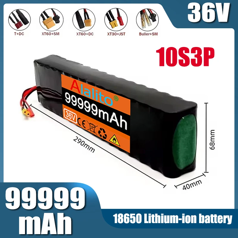 10S3P battery pack, built-in 15A BMS, suitable for 250W-500W devices+42V 2A charger, 36V 99999mAh 18650 lithium-ion battery