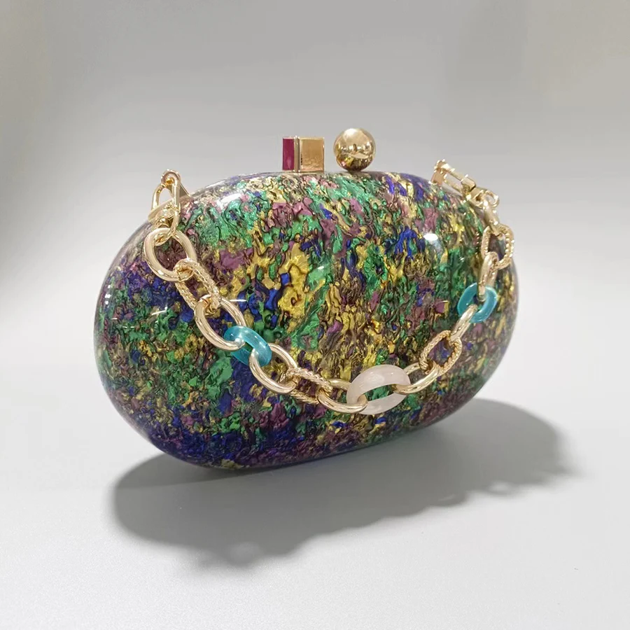 Oval Marble Party Dinner Bags Women Luxury Purses Handbags Party Evening Bag Acrylic Clutch Resin Chains Shoulder Crossbody Bag