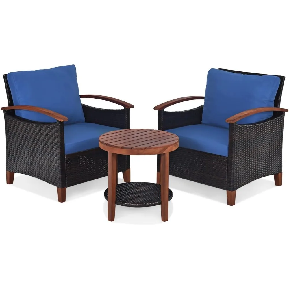 

3 Pieces Patio Rattan Furniture Set, Outdoor Wicker Sofa Set w/Washable Cushion and Acacia Wood Tabletop,High Load Bearing Chair