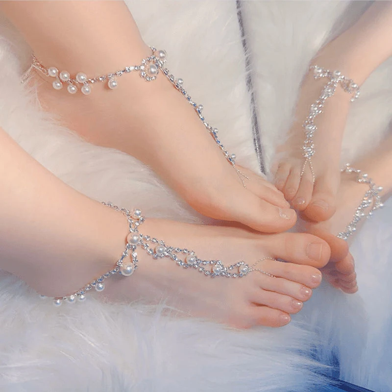 

Light Luxury Monolayer Retro Style Pearl Pendant Rhinestone Foot Chain Party Woman Jewelry
