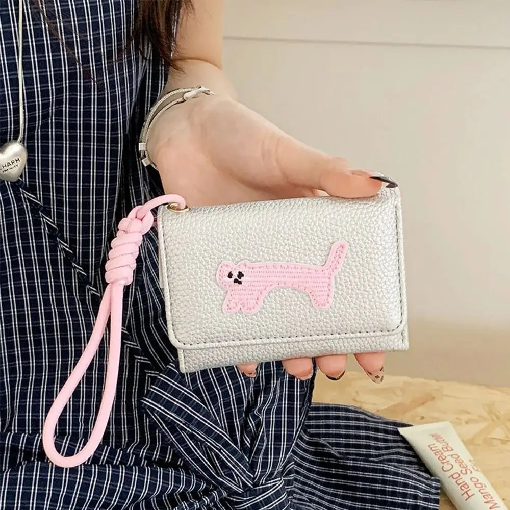 

Kawaii Women Three Fold Wallet Cute Cat Pu Leather Cartoon Money Bag Short with Lanyard Student Card Coin Purse Card Holder
