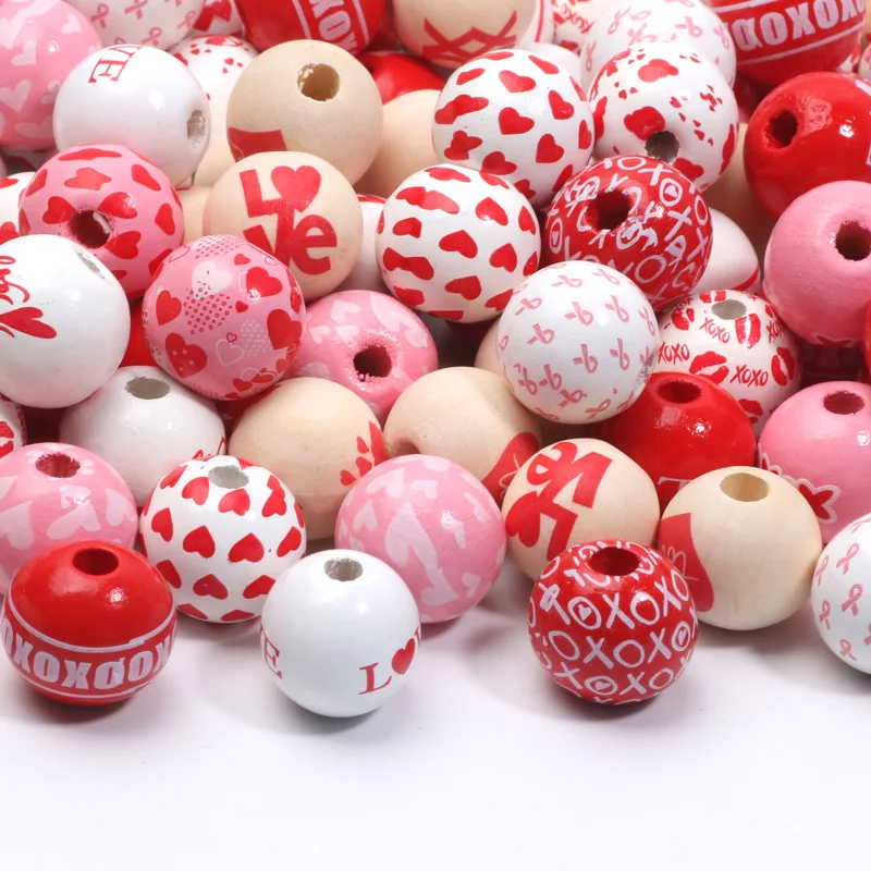 40pcs 16mm Valentine\'s Day Natural Wood Beads Round Spacer Wooden Beads For Diy Bracelet Earring Jewelry Making Supplies