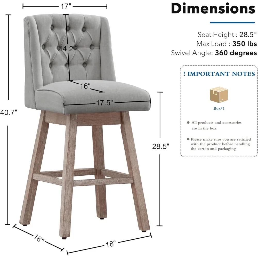 Conjunto de 2 bancos de bar com altura de balcão, 360 ° Bancos de bar giratórios com encosto e pernas de madeira, banco de bar estofado em tecido de linho Morden 28,5