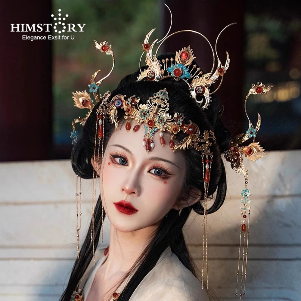 HIMSTORY Ancient Princess Exotic Dunhuang Flying Headdress Wedding Hair Accessories Goddess Crown Hairpin Forehead Ornament