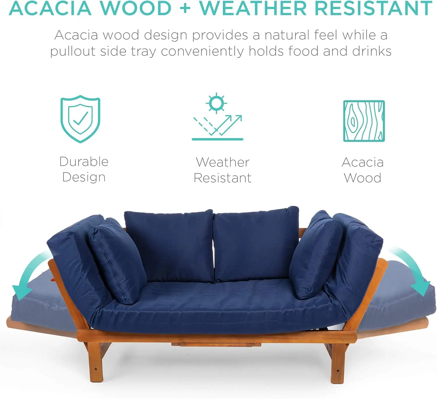 Sofá Convertible de madera de Acacia para exteriores, mueble con bandeja extraíble, cojín extraíble resistente a la intemperie y 4 almohadas