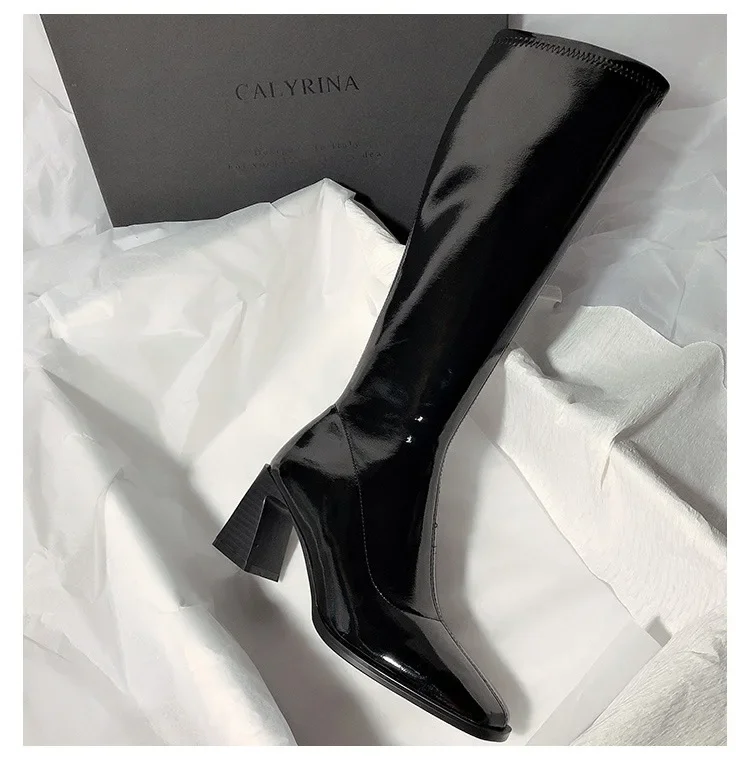 High Heels 2023 Autumn and Winter Women Patent Leather Black Boots Women\'s Stovepipe Zipper High Boots Ladies Shoes Long Boots