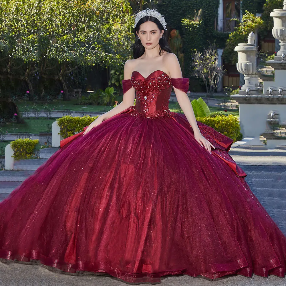 Vestido De Quinceañera Burdeos mexicano, Vestidos Rojos De 15 Quinceañera, Apliques De encaje, dulce desfile De fiesta De cumpleaños De 16 años, 2024