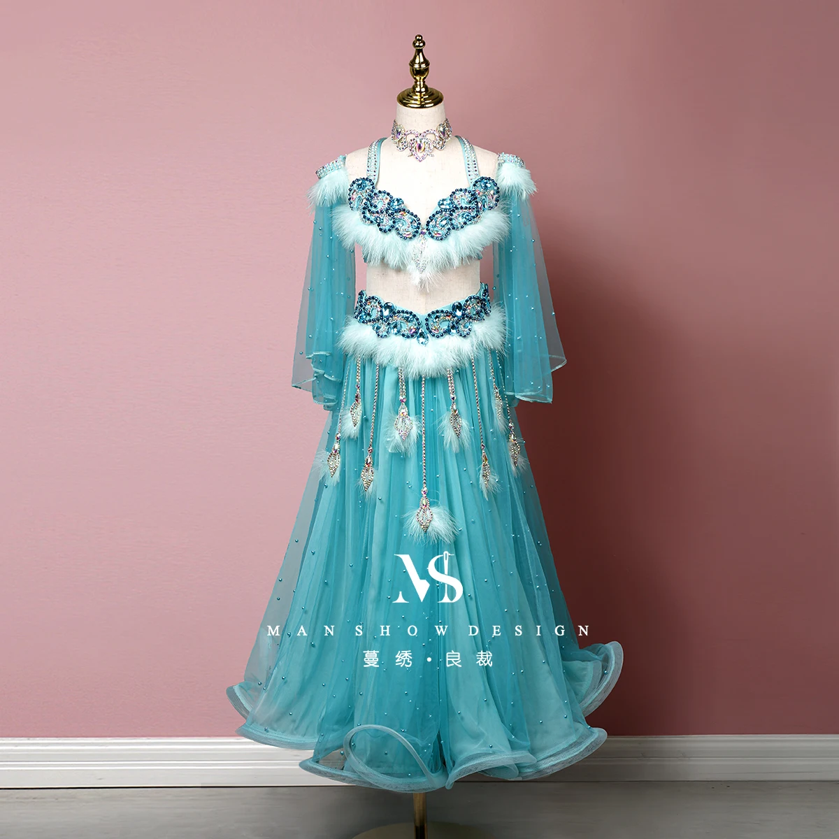 Customized Belly Dance Costume Children's Set Feather Tassel Princess Wind Yarn Skirt Performance Clothes Competition Dress