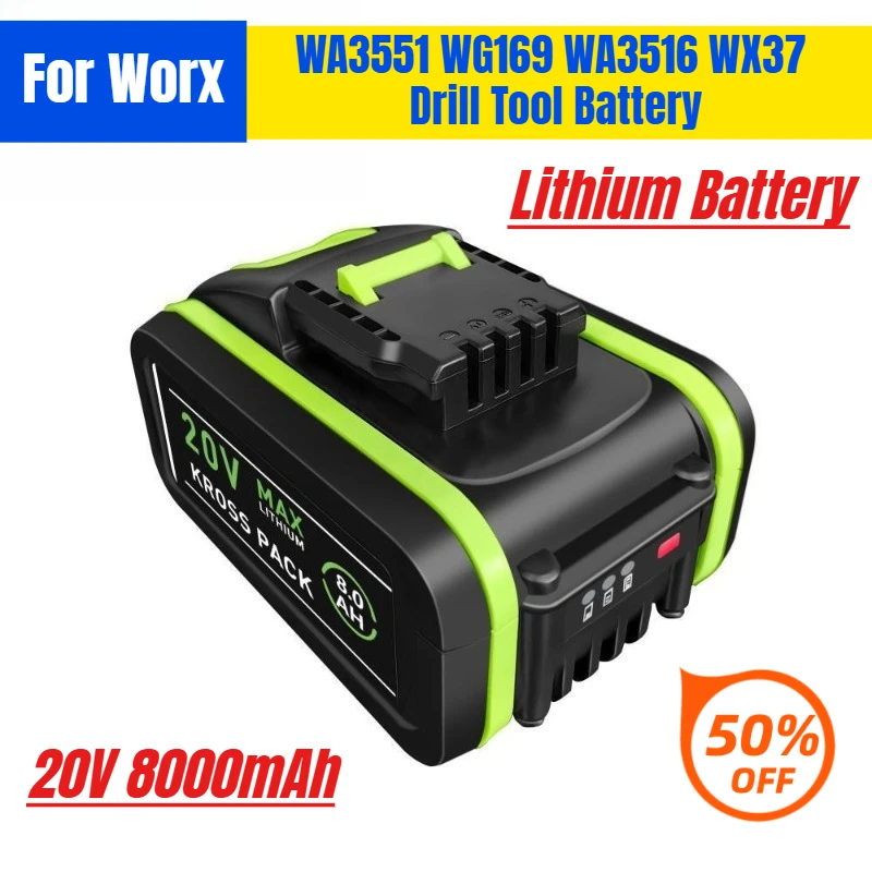 

20V 8000mAh for Worx Lithium Battery WA3551 WG169 WA3516 WX37 Drill Tool Battery