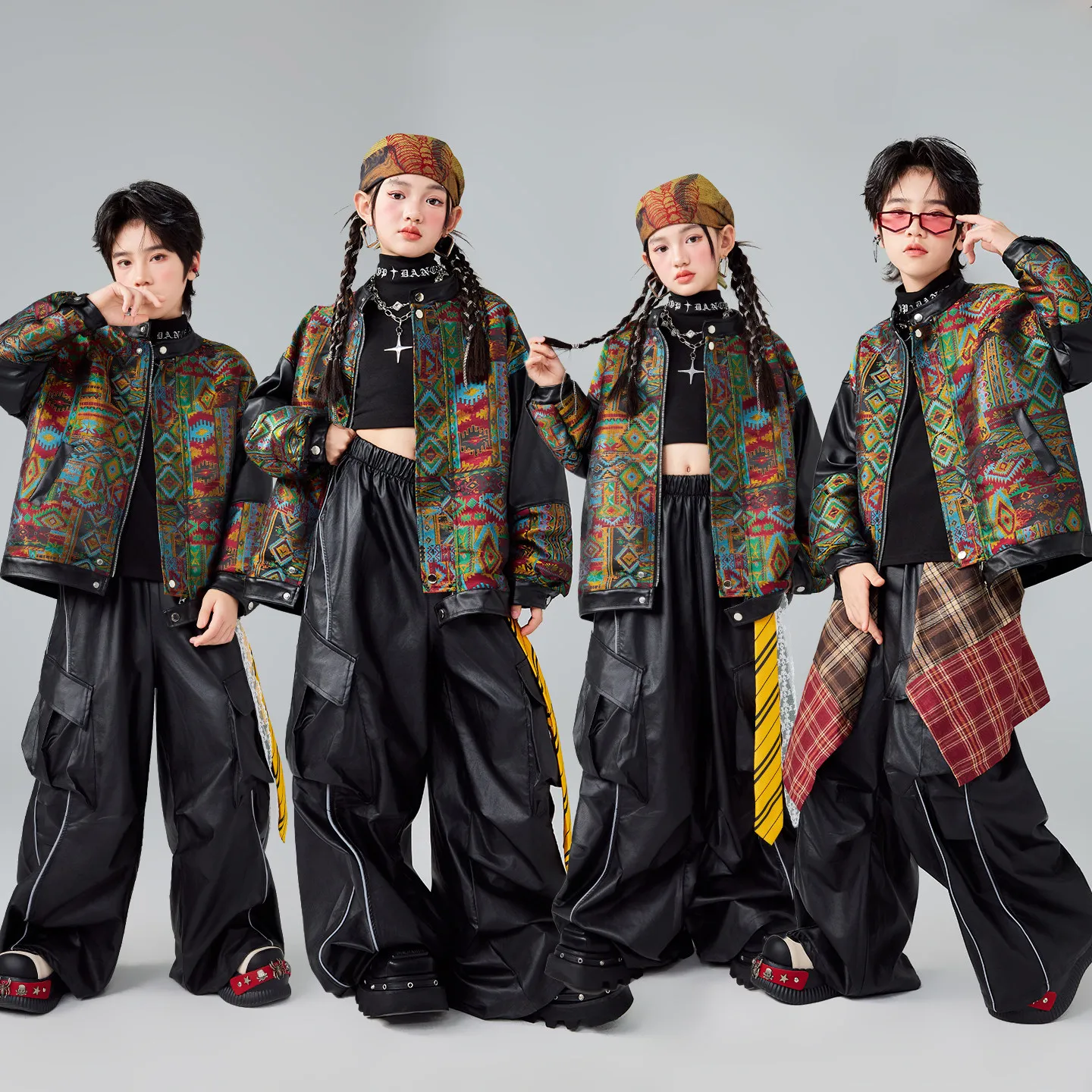 Winter Children Ballroom Dance Suit Pattern Coat Leather Pants For Girls Jazz Dance Costume Boys Hip Hop Clothing XS10772