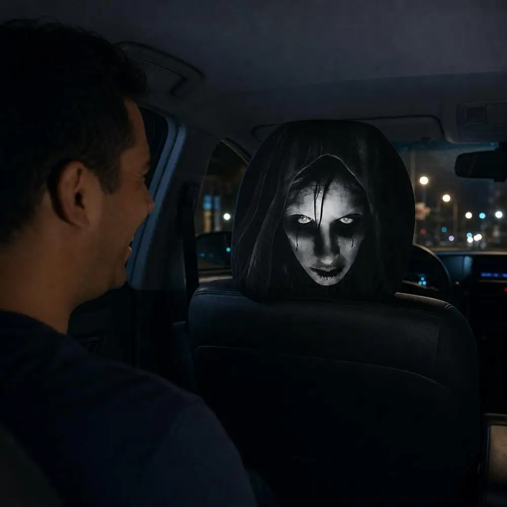 Universelle Horror-Gesichts-Schonbezüge für Autokopfstützen, Gruseliger Schwarzer Totenkopf-Design, Lustig und Verspielt, Sitzschutz für alle Gelegenheiten, Auto-Zubehör – Detail 7