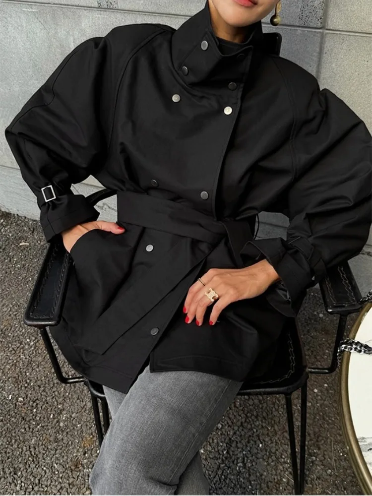 

Ele Bla Long Sve Windbreaker Women's Coat Belted Waist Slimming Stand Collar Double Breasted Tie Waist Design