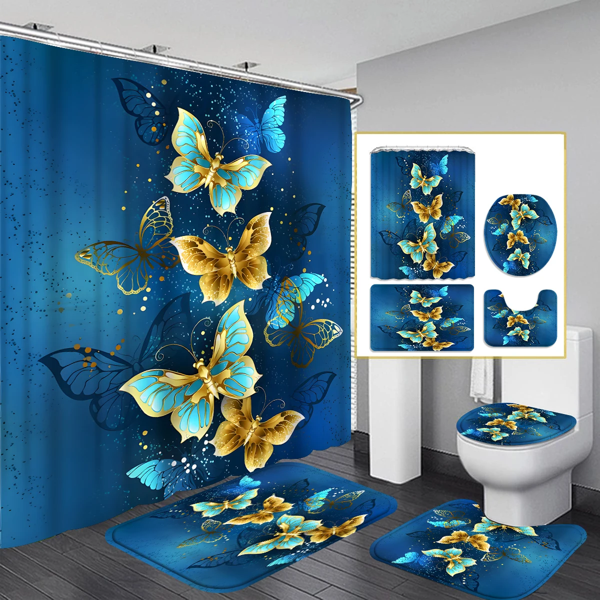 1/4 Piece Shower Curtain Set, Waterproof Bathroom Partition Curtain with Hooks, Anti-Slip Bath Rug, U Shape Mat, Toilet Seat Cov