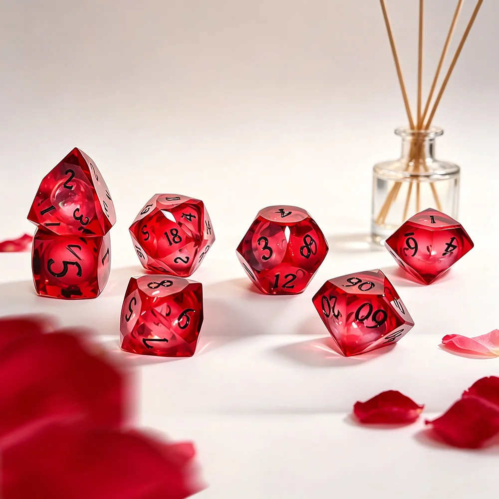 7Pcs Resin Multifaceted Sharp Edge Dice Set, Transparent Red, Black Number, Tabletop Game Dice For DND RPG Role Playing Dice Set