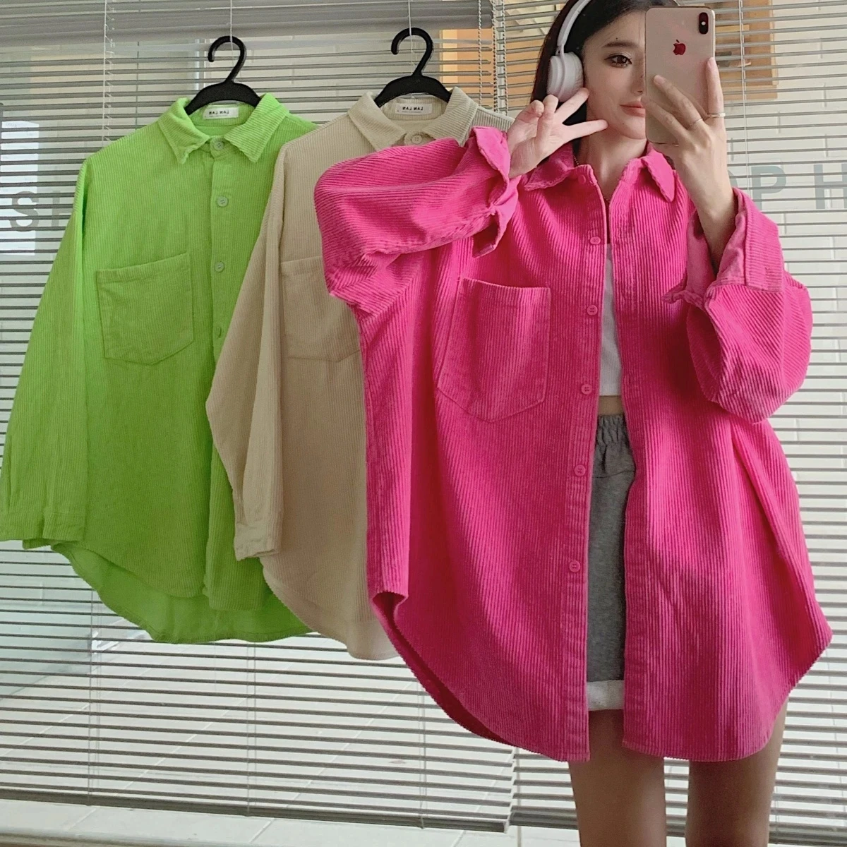 Female Students Fluorescent Green New Corduroy Cardigan Blouse Tops Women Korean Retro Style Loose Fit Mid Length Version Shirt