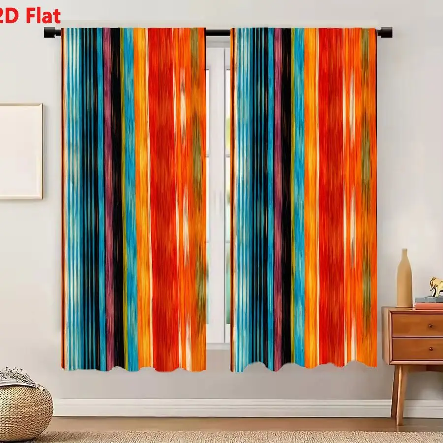 2Pcs Curtains 2D Flat Vibrant Abstract Vertical Stripes Pattern With Bright Orange Red Turquoise Blue Black And Purple Green Bru