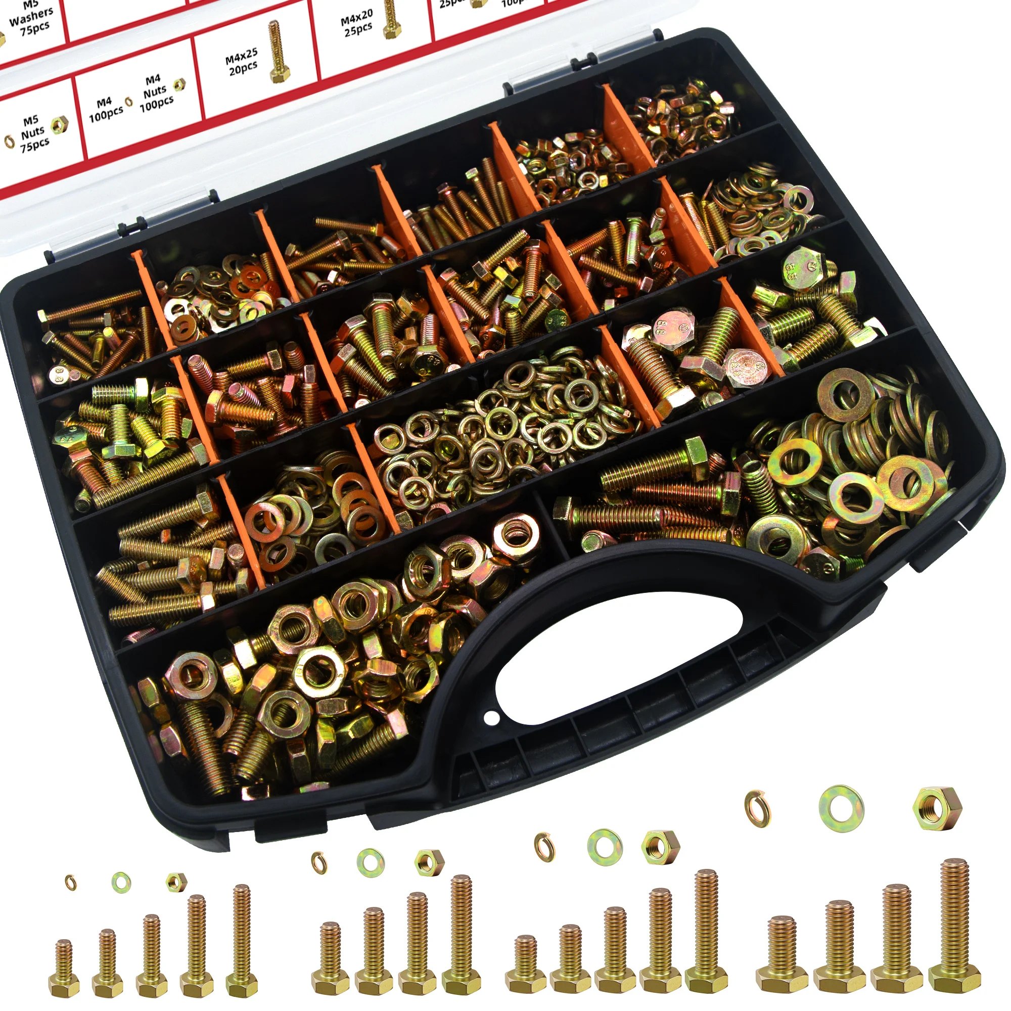 1280Pcs 8.8 Grade Color Zinc Plated Hex Bolt Nut Washer Assortment Kit, External Hex Screw, Nut, Flat & Spring Washer Combo Set