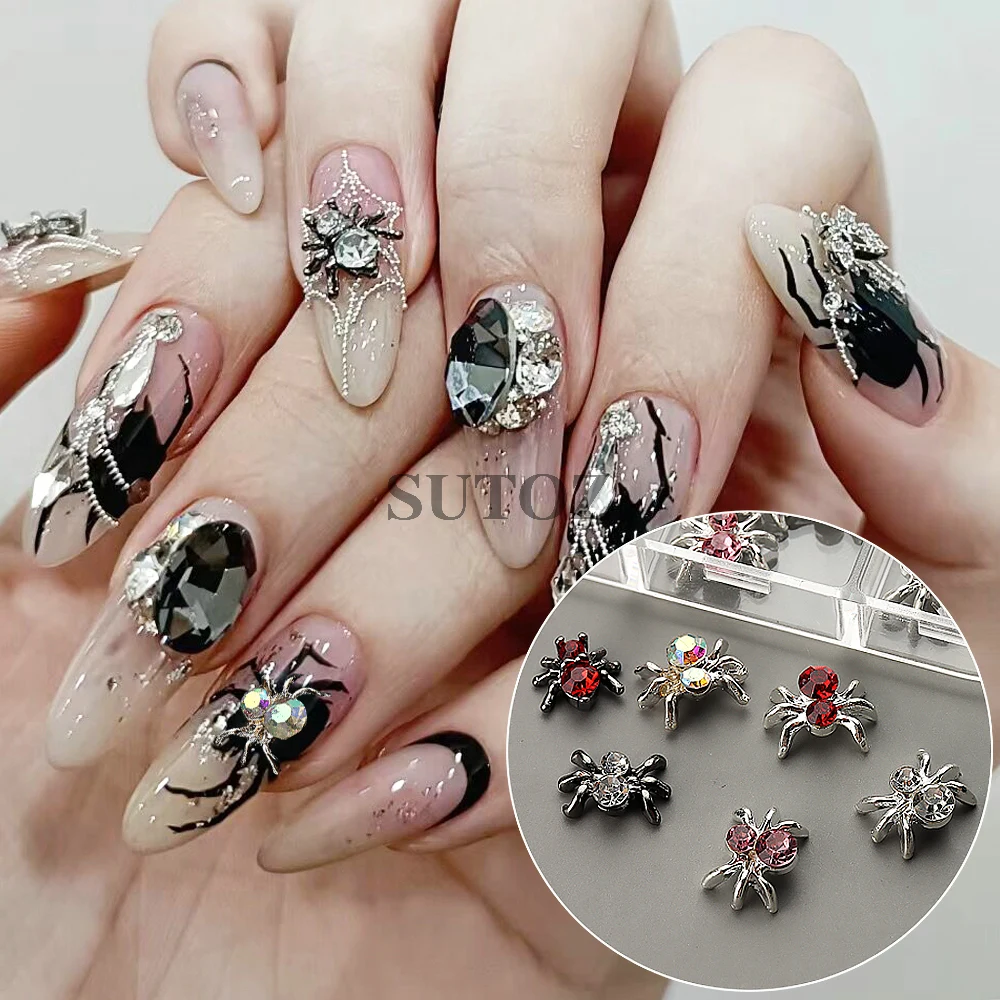 3D Spider Nails Encantos Decoração de Metal, Halloween 3Design, Aurora vermelha, prata, rosa, Mini Rivet, DIY Manicure Acessório, GL6G-ZJ