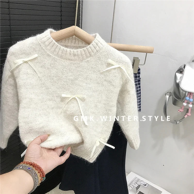 

Korean Children's Clothing Girls' Bow Knitted Sweater Pullover Sweater Spring and Autumn New Children's Bell-bottom Pants
