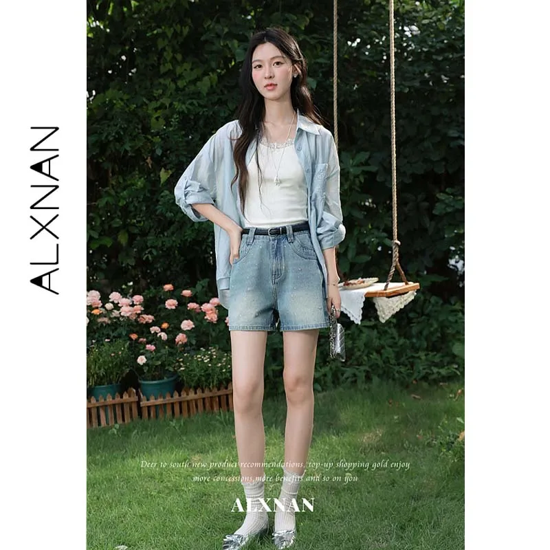 ALXNAN Blue Rhinestone Denim Shorts Women Summer Thin Slim High Waist A-line Wide Leg Casual Pants Short Vintage Jeans L661120