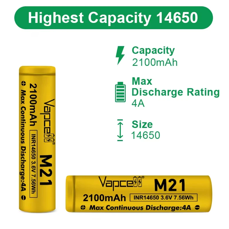 بطارية Vapcell 14650 M21 الأصلية 2100mah 4A 3.7V بطاريات ليثيوم قابلة للشحن ذات سعة عالية 14650 خلية ليثيوم أيون لمصباح يدوي