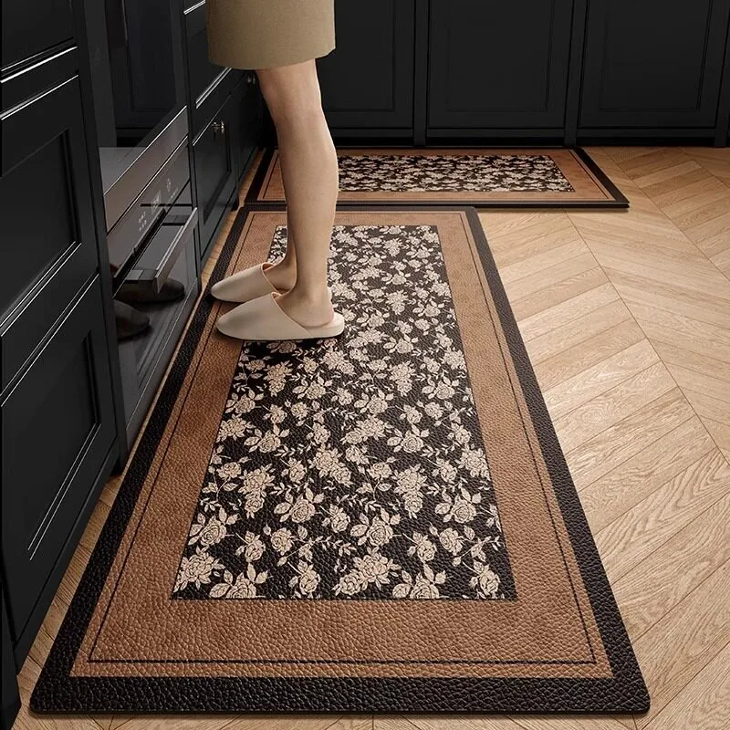 Brown Rose Pattern PVC Leather Rug Waterproof Oil-proof Stain-resistant Kitchen Carpet Large Area Non-slip Floor Mats Tapis 러그