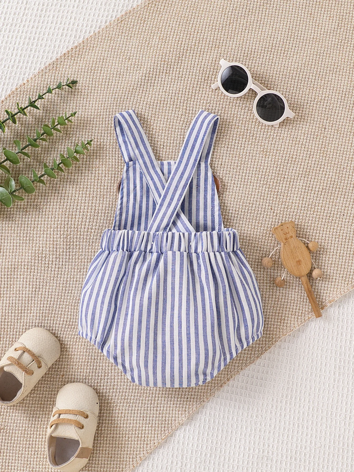 Baby Navy Style Bear Striped Romper with 3D Bear Patch, Cute and Adorable Design, Comfortable and Breathable Summer Jumpsuit