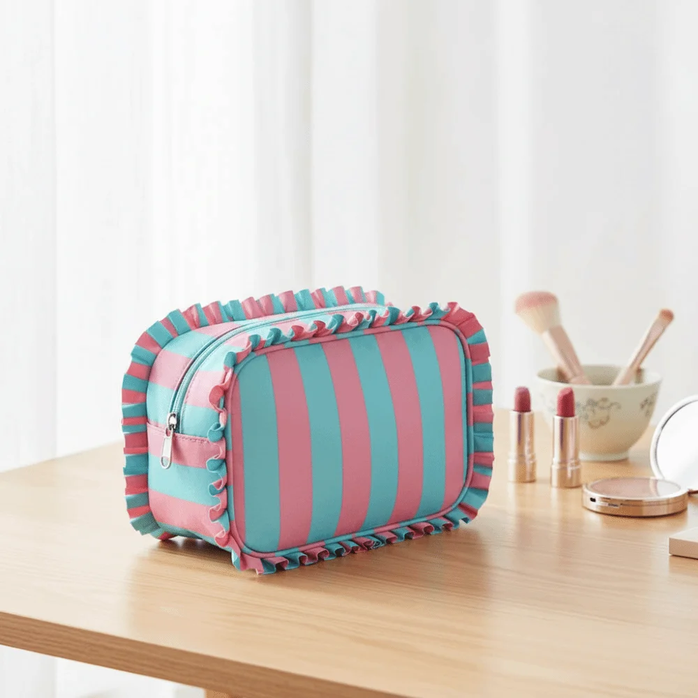 Ruffle Decoration Striped Cosmetic Bag Colorful Zip Top Women's Makeup Case Large Capacity Oxford Travel Zipper Pouch