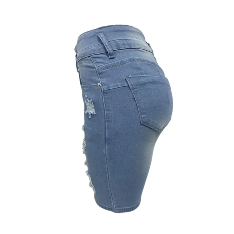 Fashion Slim Sexy Hip Lift Denim Shorts Women Three Buttons Splice High Waist Three Quarter Pants Female Broken Holes Mini Jeans