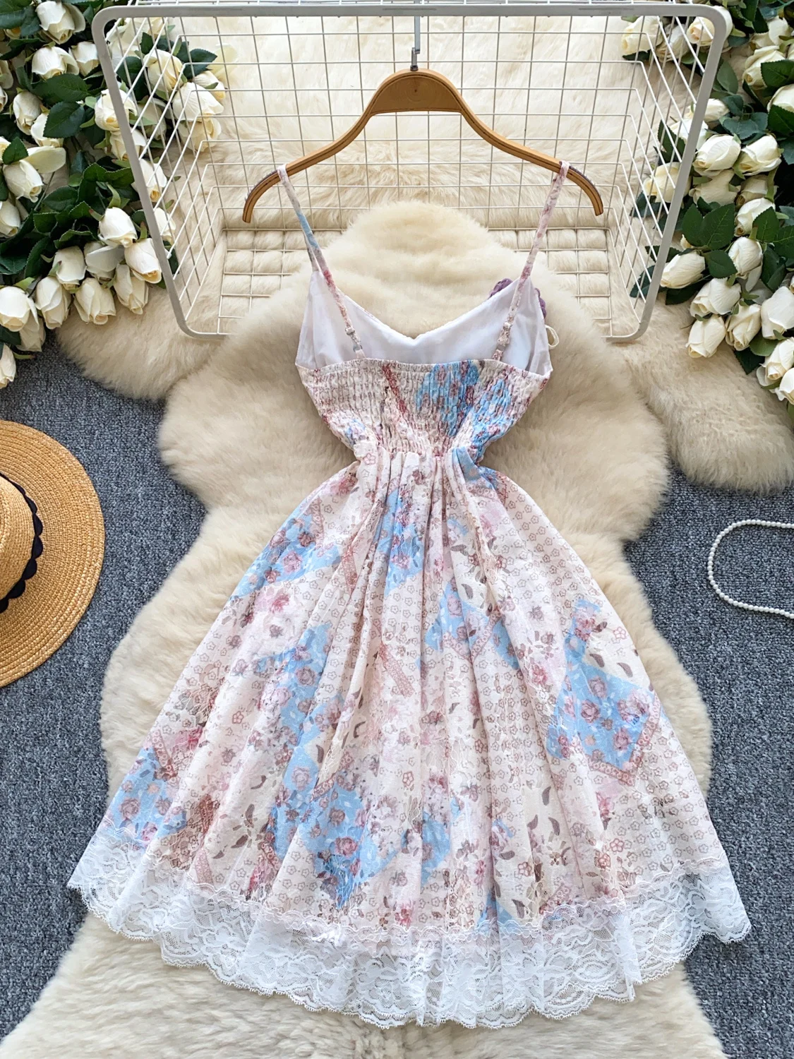 ドーパミン純粋な欲望花柄ホルタードレス女性の夏の結び目 3D フラワーレーストリムスパイシーショートスカート韓国スタイルハイウエスト A ラインドレス