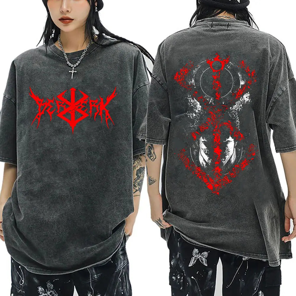 Japan Anime Berserk Guts Griffith Vintage Washed T-shirts Men's Women Cotton Casual Oversized High Quality Fashion T Shirts Tops