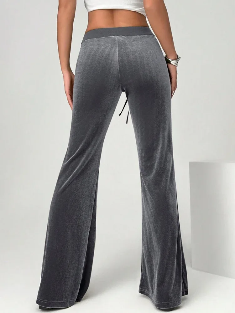 Women's Warm Fashion Velvet Trousers Solid Color High-Waisted Drawstring Pockets Casual Flared Pants Autumn Winter Casual Pants