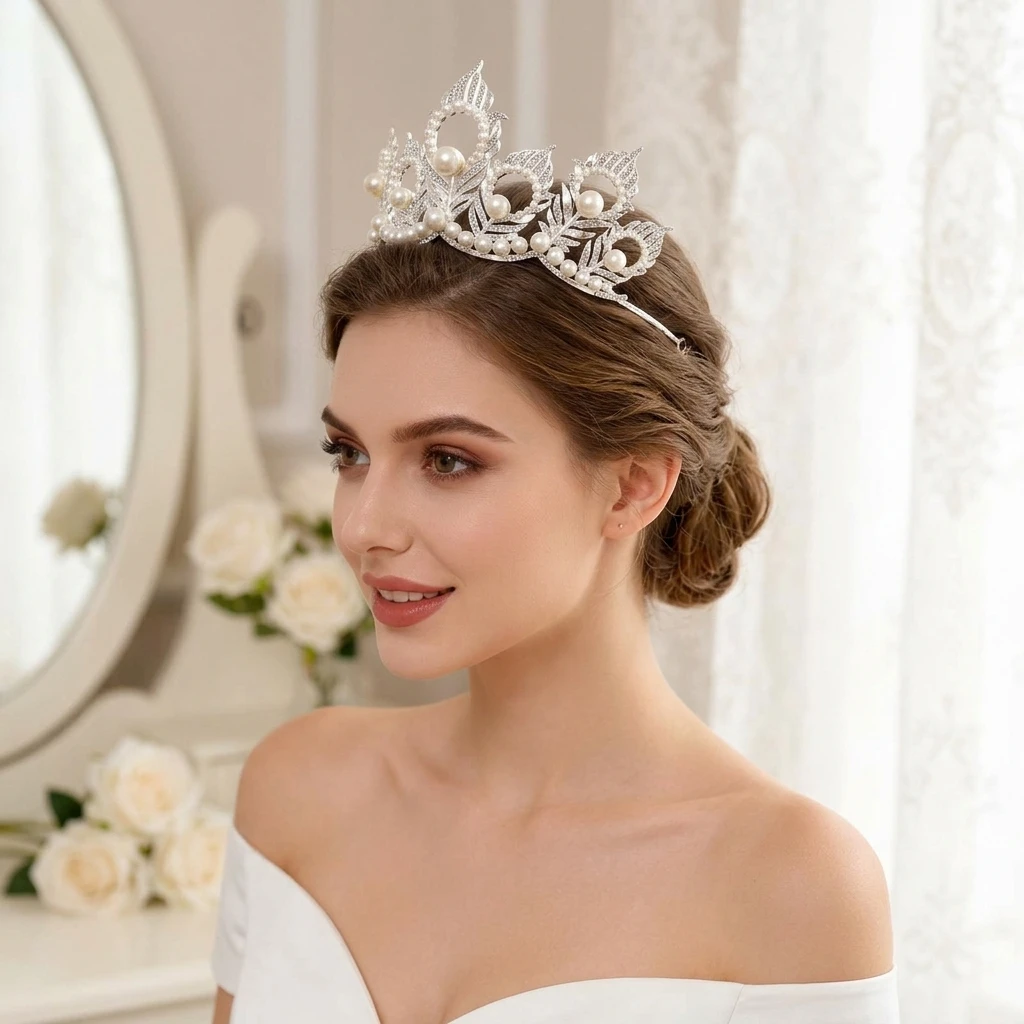 Pearl Crown Headpiece With Peacock-Feather For Wedding Bridal Hair Accessories view 3