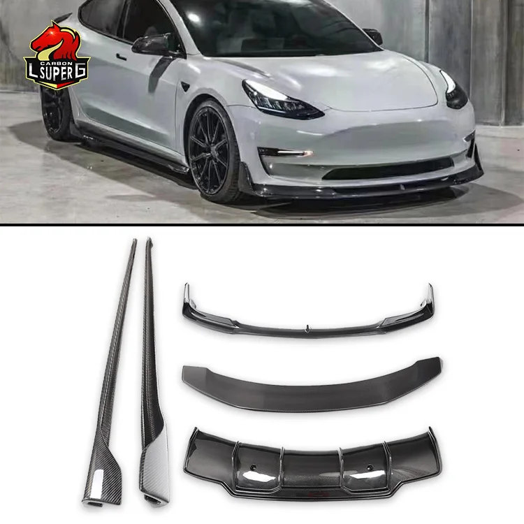 

Carbon Fiber Front Lip Rear Diffuser Side Skirts Wing Spoiler V Style for Teslas Model 3 Bodykit