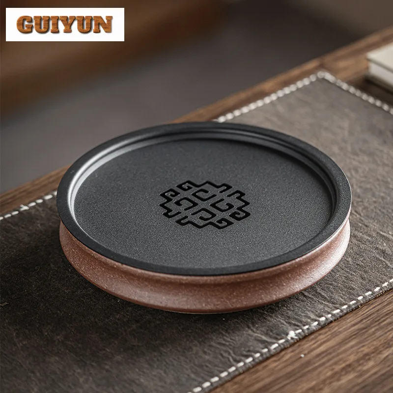 

Round Chinese Style Retro Tea Tray Snack Plate Coffee Storage Board Teapot Stove Insulation Dishes For Serving Tableware Craft