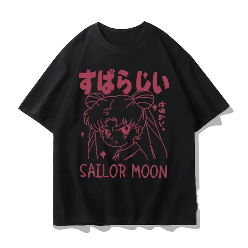 Adult and Children's Sailor Moon Tsukino Usagi Tsundere Face! Y2K Harajuku Style Pure Cotton Retro Anime Short Sleeve view 3