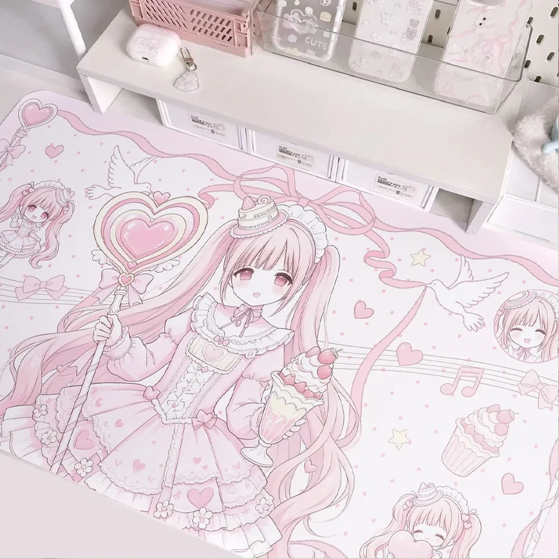 Sweet Pink Anime Girl PU Leather Mouse Pad Polka Dot Ballet Bow Mouse Pad Office Desk Mat Waterproof Non-Slip PU Desk Mat Pad