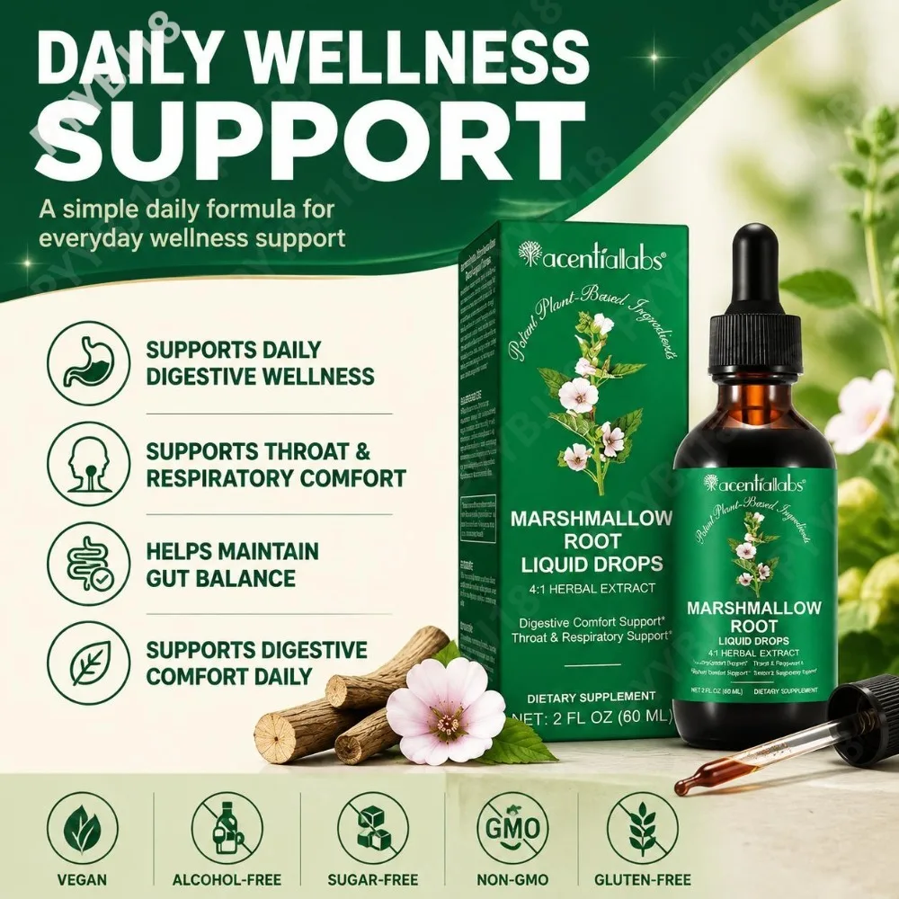 Marshmallow Root Liquid Drops Digestive Wellness Throat & Respiratory Comfort Support 4:1 Herbal Extract Vegan Sugar-Free 60ml