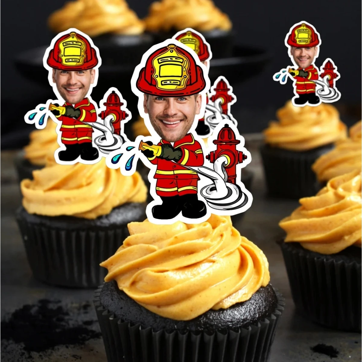 12pcs Personalized Firefighter Cupcake Toppers, Graduation fire school, Firefighter Cupcake Toppers Birthday, Face Picks