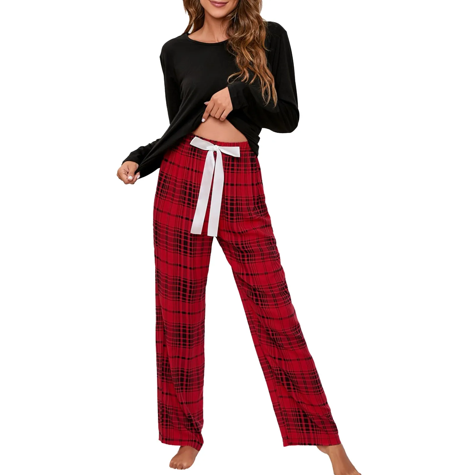 Women's Solid Color Round Neck T Check Printed Women's Casual Set Homewear Pajamas Top + Pants Pajamas Women Set Soft Pajamas