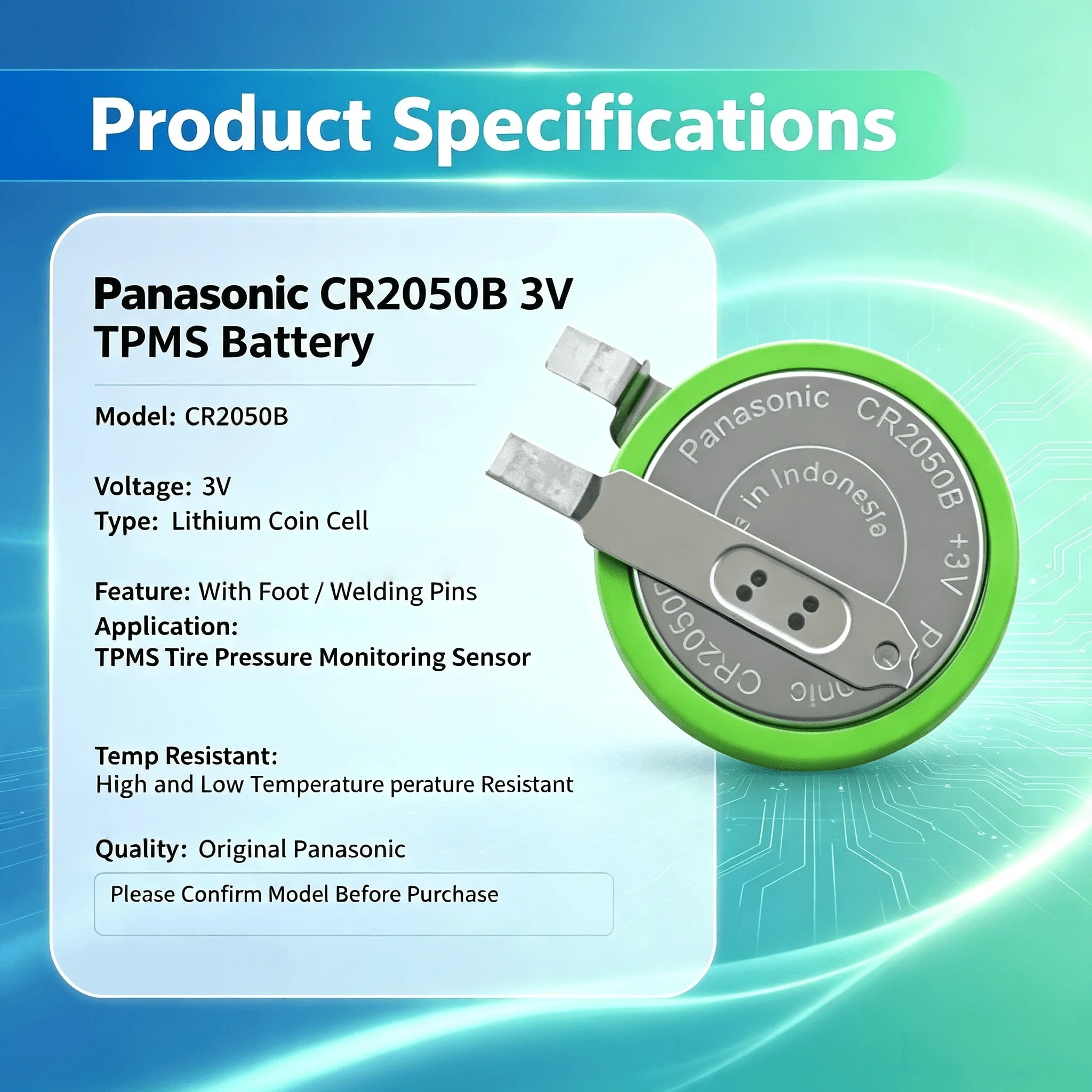 NEW Panasonic CR2050B 3V TPMS Battery, High Low Temp Resistant Coin Cell With Foot For Tire Pressure Monitoring Built-in Sensor
