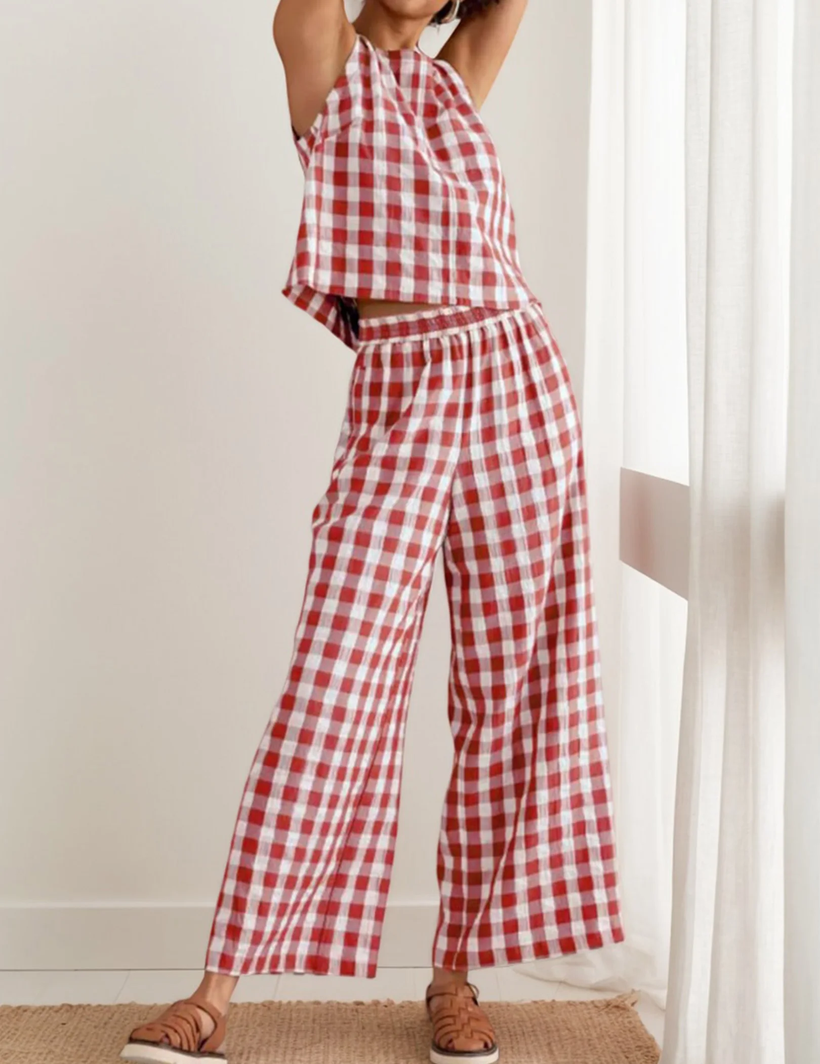 ملابس نسائية صيفية مكونة من قطعتين بدون أكمام، توب فضفاض واسع الساق، طقم صالة القماش القطني لقضاء عطلة السفر #1