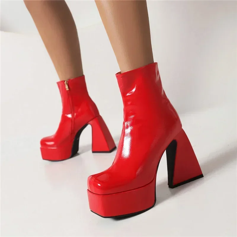 Winter Patent Leather Platform Ankle Boots Women High Block Heels Red Black Party Dress Lady Square Toe Zipper Plush Short Boots