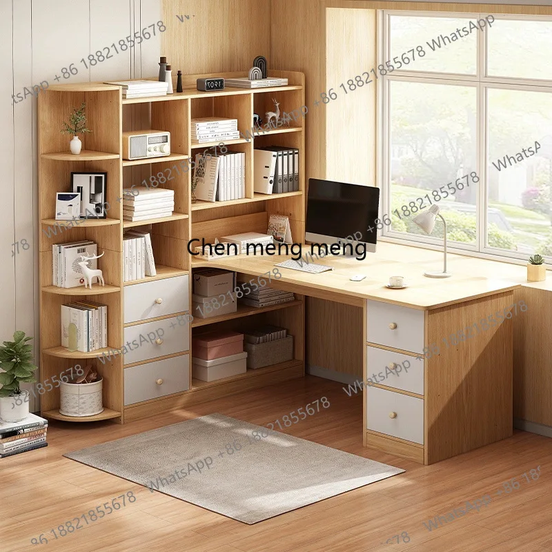 

Modern Simple Home Office Desk with Corner Drawers and Bookshelf Made of Wood Panel for Students