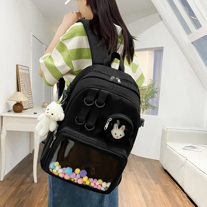 Large Capacity Solid Color Convenient Visual Pocket Zipper Nylon School Bag 2024 Hot Sale Bags for Girls and Boys Bolsos Colegio