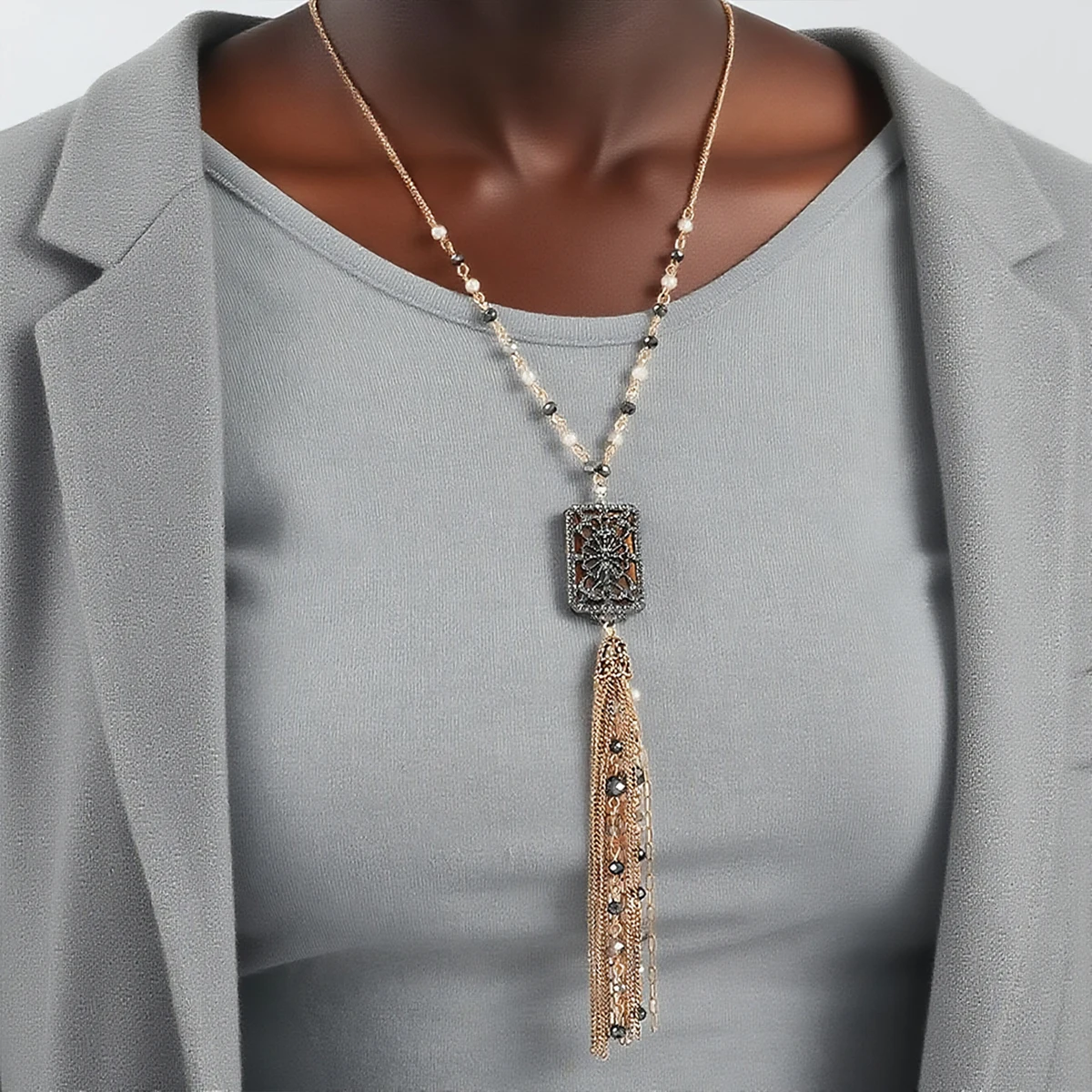 

New ZAA Personality Rectangular Charm Long Tassels Pendant Necklaces for Women Vintage Banquet Party Jewelry Neck Accessories