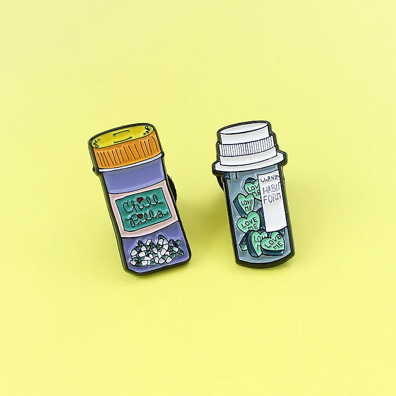 

quot;Enamel Medicine Bottle Brooch Pin CHILL Pill Bottle LOVE ME Drifting Bottle Box Brooches Enamel Pin Badge Best Friend